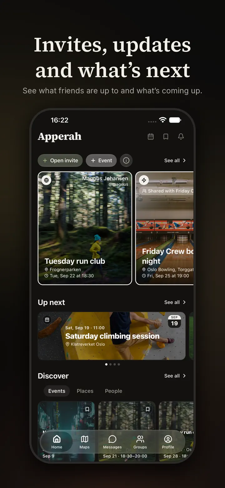 Apperah home screen with invites from friends, what's up next and events to discover