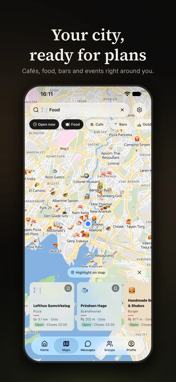 Map of Oslo showing cafés, restaurants and bars that are open now