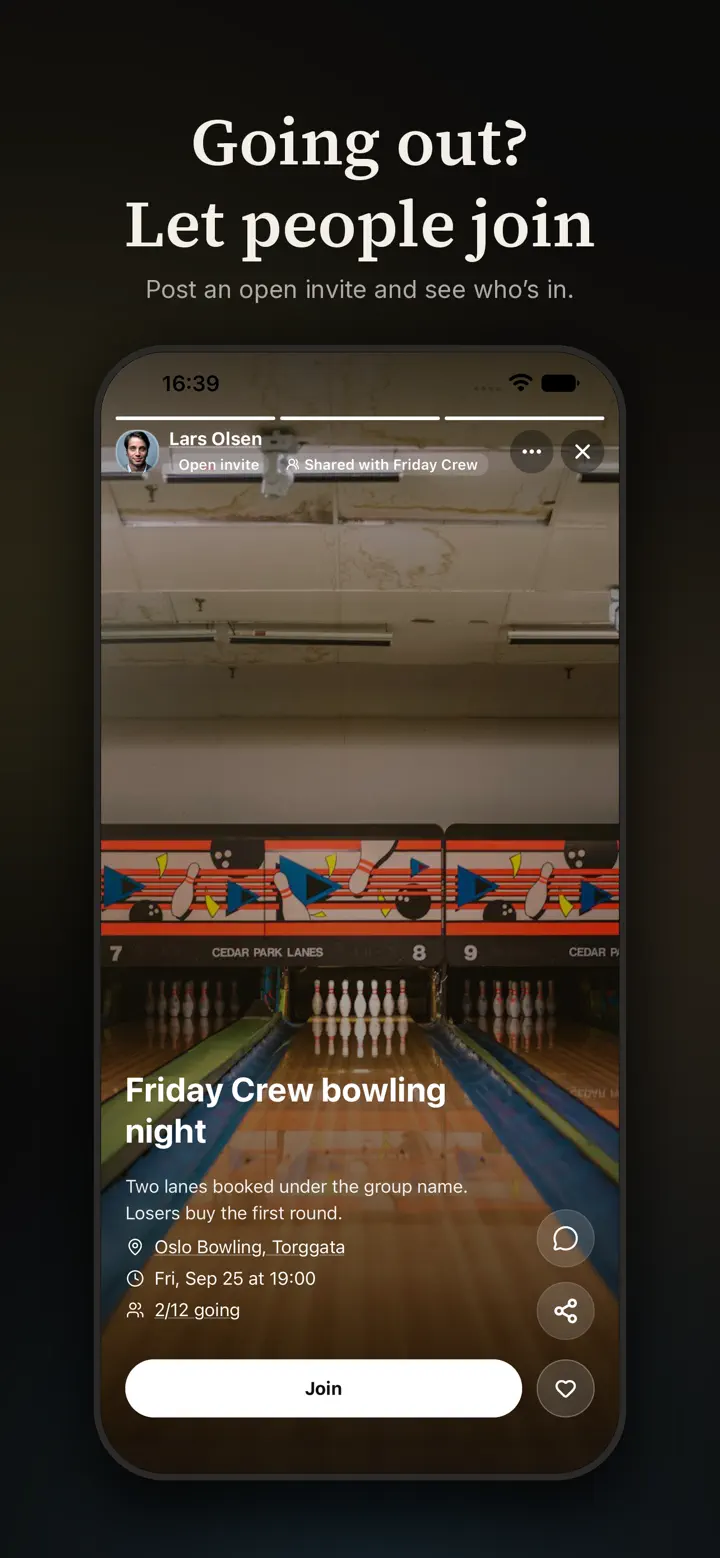 An open invite to a bowling night, with a Join button