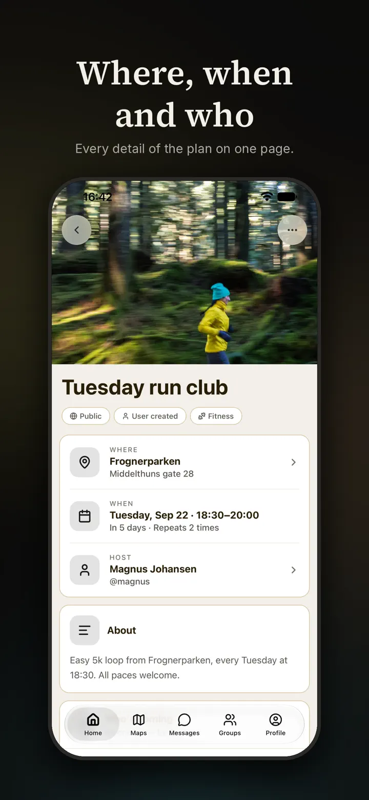 A plan's page showing where, when and who is hosting