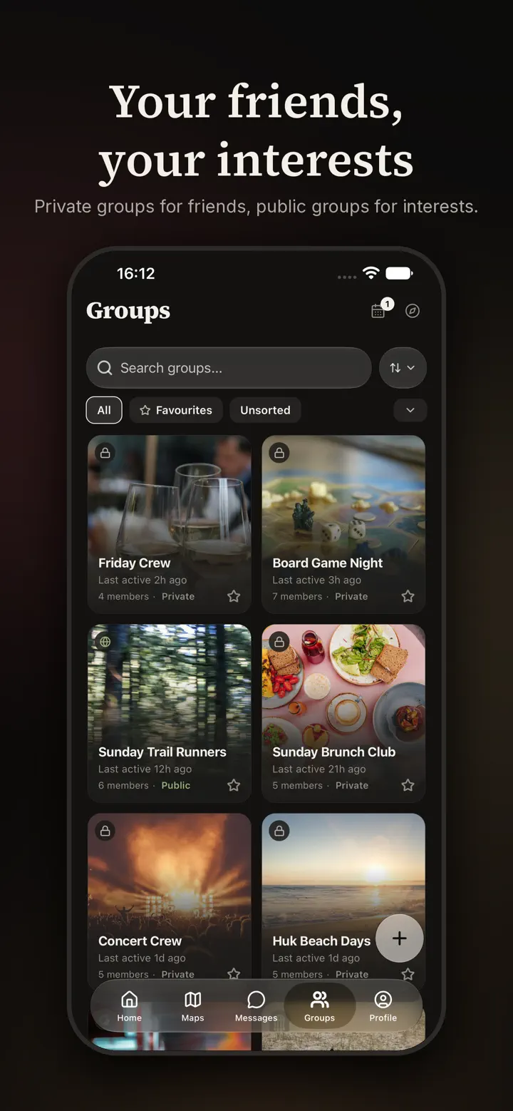 Groups screen with private groups for friends and public groups for interests