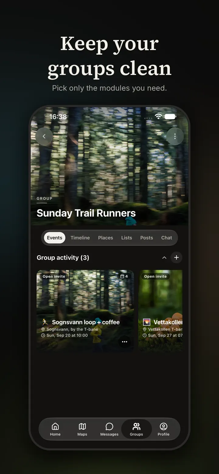 A group's page with events, timeline, places, lists, posts and chat