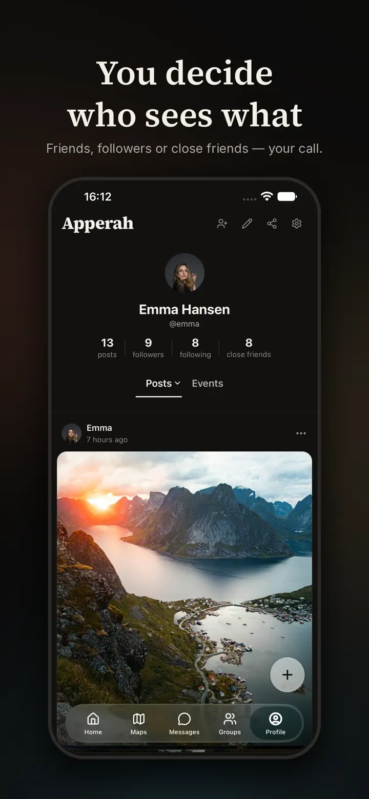 A profile page with posts, followers and close friends